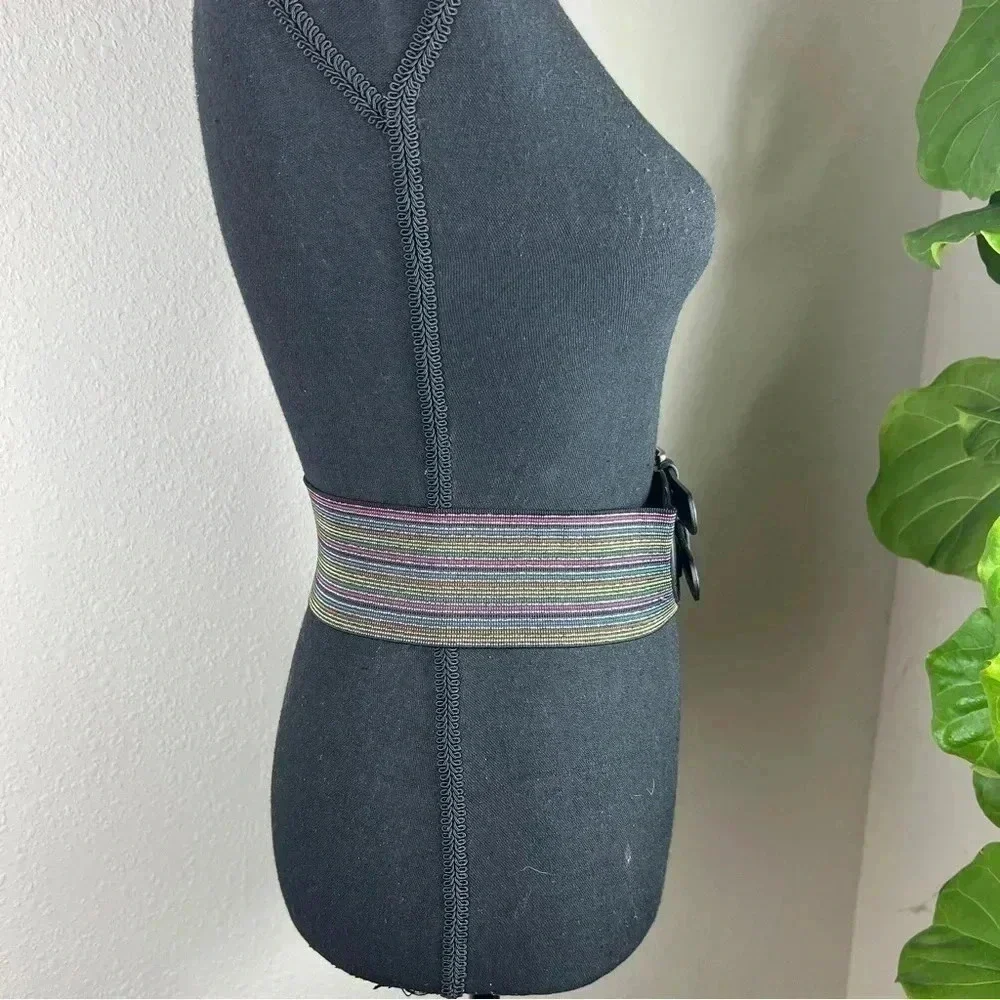 Women’s Wide Multicolored Elastic Vegan Leather Brushed Silver Tone Buckles Belt